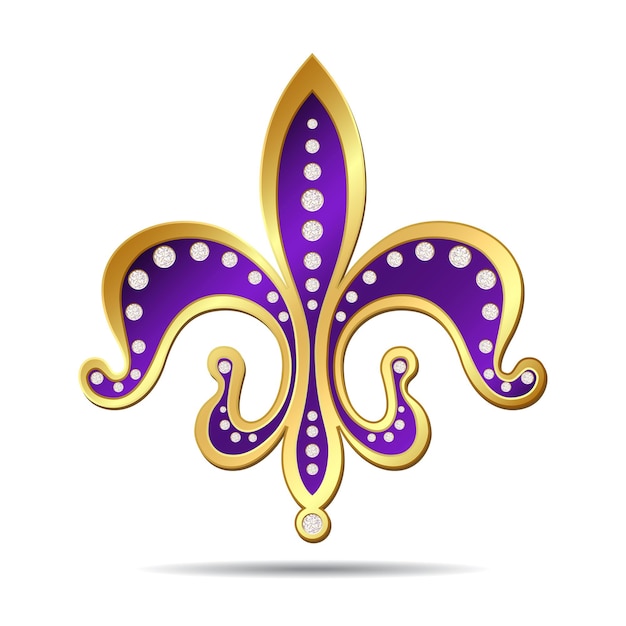 金色と紫色のアヤメの装飾的なデザインまたは紋章のシンボル。ベクトルイラスト