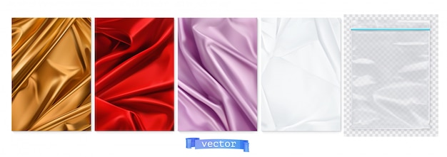 Вектор Золотисто-красная ткань, фиолетовая штора, белая бумага, прозрачный пластиковый пакет. 3d реалистичные фоны