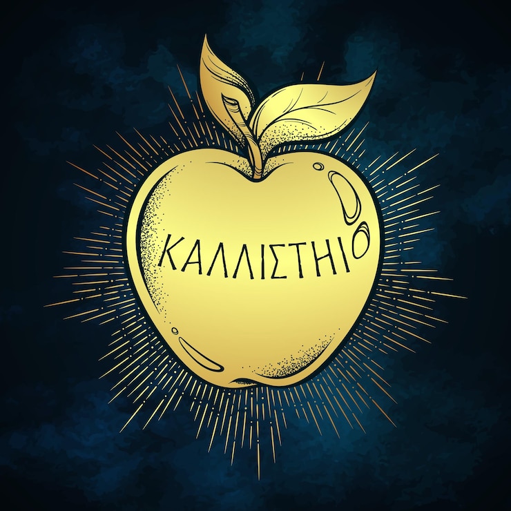 वेक्टर golden apple of discord hellenistic mythology gift to a goddesses inscription on ancient greek says for the fairest boho sticker print or blackwork flash tattoo design vector illustration