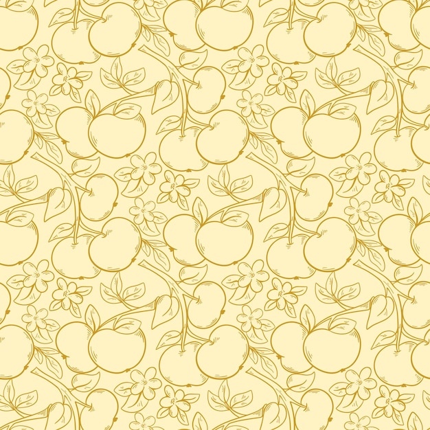 金色のリンゴのシームレスボタニカルパターン フルーツの背景 手で刻されたリンゴの木の花