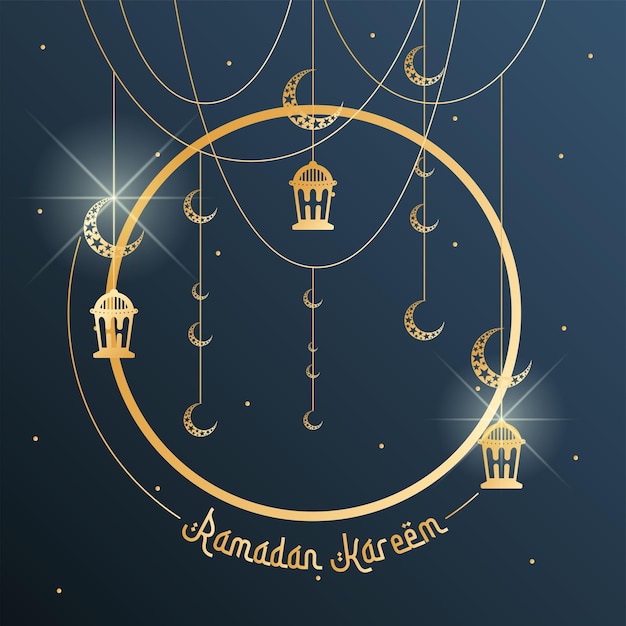 Golden arab lamp and moons ramadan kareem poster vector illustration