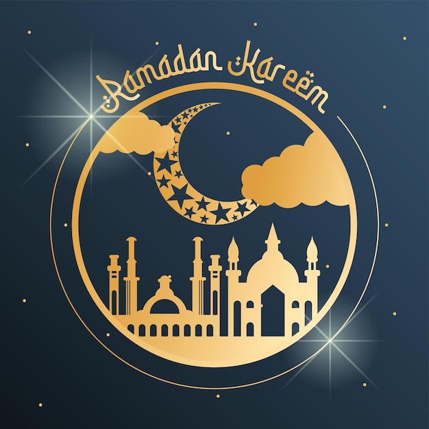 Golden arab mosque with other buildings Ramadan Kareem poster Vector illustration