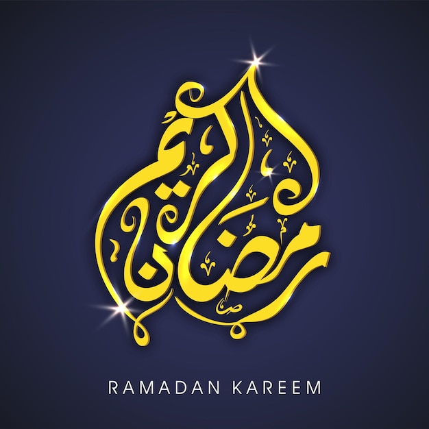 Calligrafia araba dorata del ramadan kareem con effetto di luci su sfondo blu