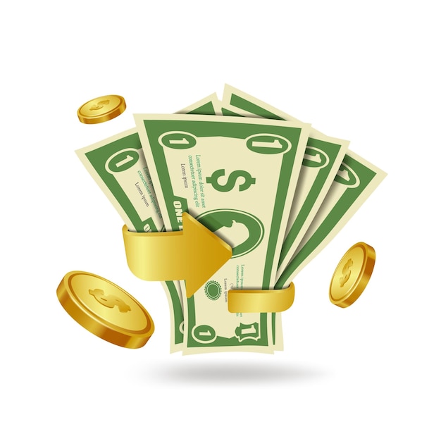 Golden arrow circles around the dollar bill And there were gold coins floating around in the air for cash back promotion designvector 3d isolated on white background for financial concept design