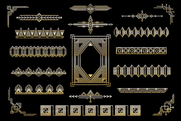 Набор декоративных элементов золотой арт-деко. коллекция рамок, разделителей и бордюров. векторная иллюстрация