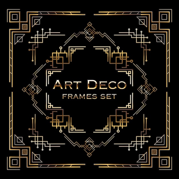 Insieme di elementi decorativi in stile art deco dorato. collezione di cornici, divisori e bordi. illustrazione vettoriale