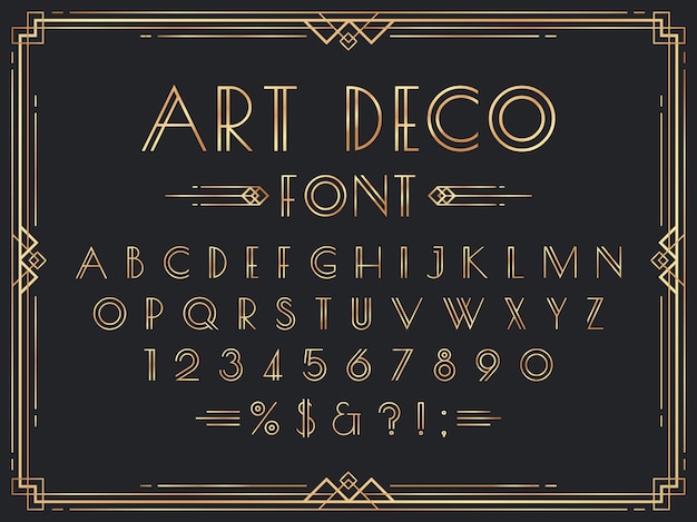 Vettore carattere art deco dorato. lettere geometriche decorative di lusso degli anni '20, numeri ornamentali in oro e set di cornici retrò.