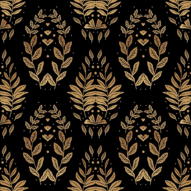 Иллюстрация золотого художественного оформления Роскошный бесшовный узор с золотыми листьями