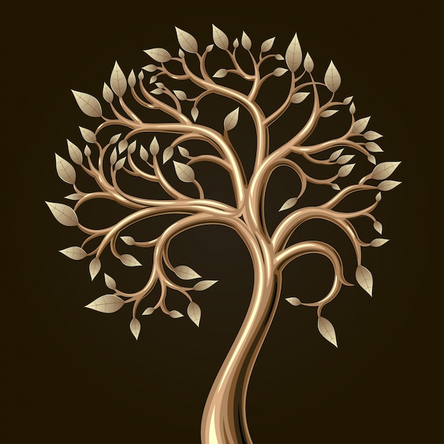 Golden art tree with leaves in vector graphics. 