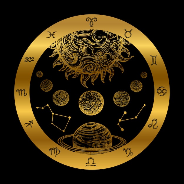 Illustrazione dorata di astrologia