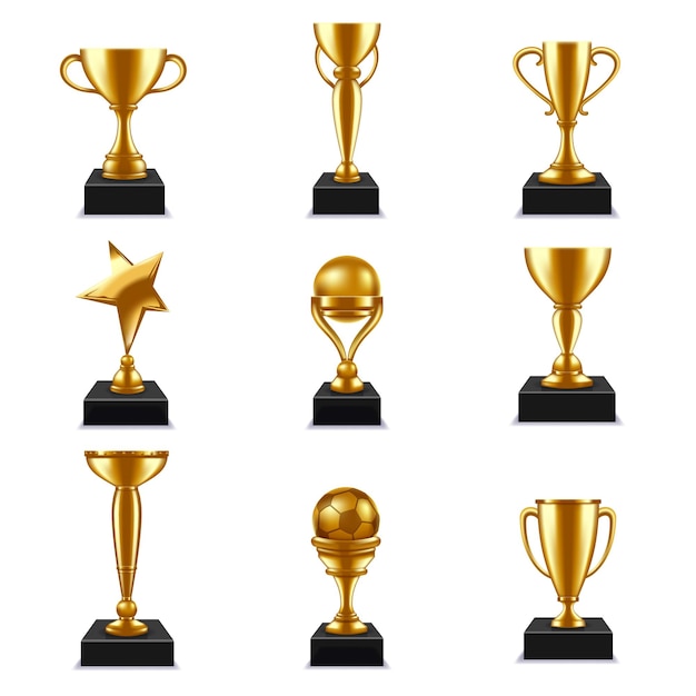 Golden awards Star achievement gold trophy classic championship cup isolated vector illustration set