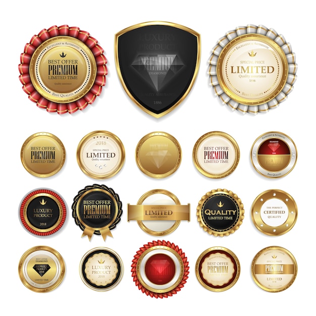 Vector golden badge and label in retro style set of luxury tags collection of elegant seals banners