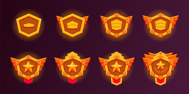 Golden badges set 8 Realistic vector of gold hexagon with level progress symbol Realistic flat