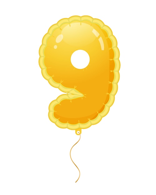 Golden balloon with number nine filled with air or helium