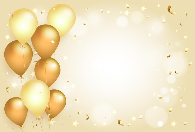Vector golden balloons glitter background with celebrate celebration background with gold confetti and ball