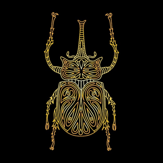A golden beetle in a linear style linear vector illustration