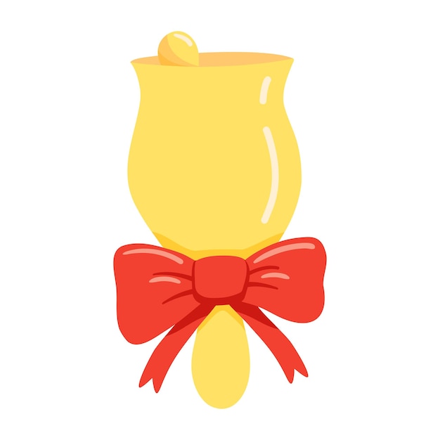 Golden bell with red bow isolated on white background Christmas symbol Vector cartoon illustration