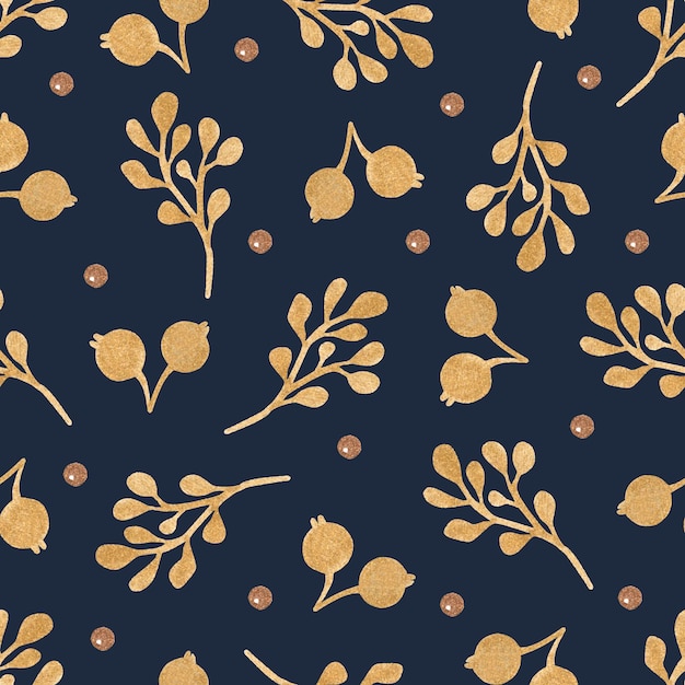 Golden berries and branches seamless pattern on dark background