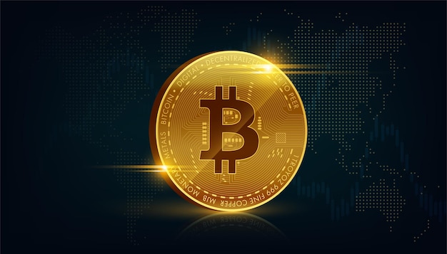 Vettore golden bitcoin tecnologia blockchain 3d concetto adatto per la futura tecnologia banner oo copertura