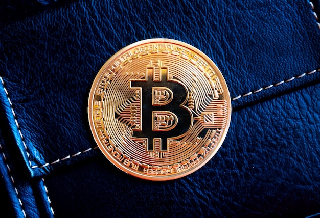 Golden bitcoin coin on leather wallet Crypto currency golden coin bitcoin Realistic vector
