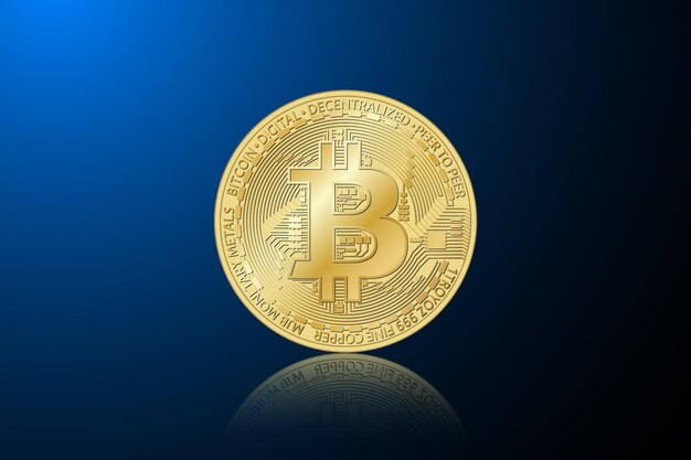 Golden bitcoin coin Vector crypto currency golden symbol on blue background Blockchain technology