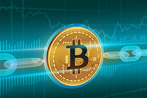 Golden bitcoin coin with wireframe chain. Blockchain concept.