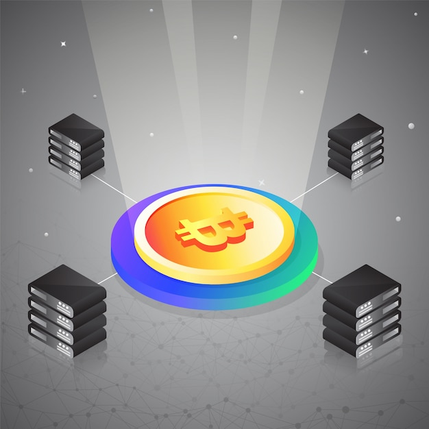 Vector golden bitcoin connected from multiple servers