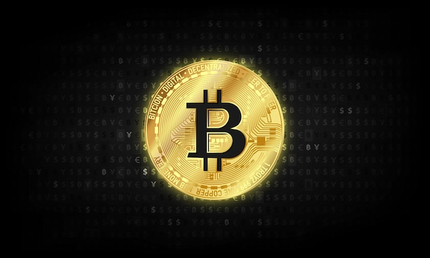 Valuta digitale bitcoin dorato, denaro digitale futuristico, concetto di rete mondiale di tecnologia
