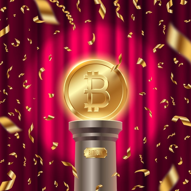 Golden Bitcoin on a pedestal and golden confetti against a red curtain background