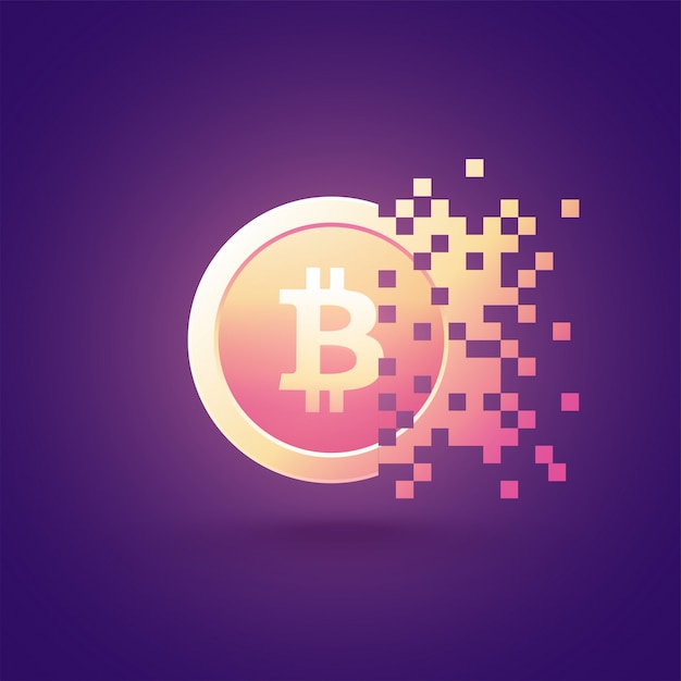 Vector golden bitcoin with pixel on purple background.