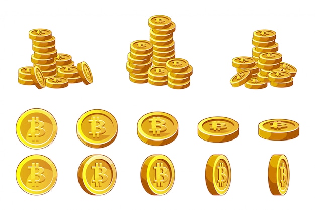 Vettore pila di monete d'oro bitcoin e set di animazione. illustrazione di concetto di criptovaluta successo finanziario.