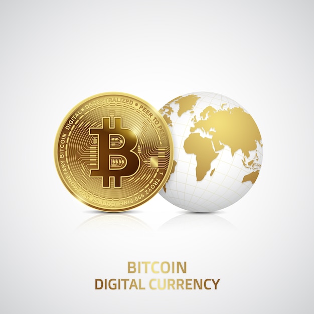 Valuta digitale bitcoin d'oro e denaro digitale e mappa del mondo