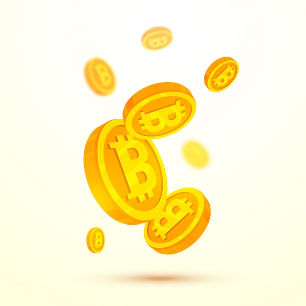 Golden bitcoins on white background.