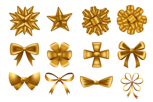 Golden bows cartoon birthday present and holiday gift fancy golden bows vector isolated set