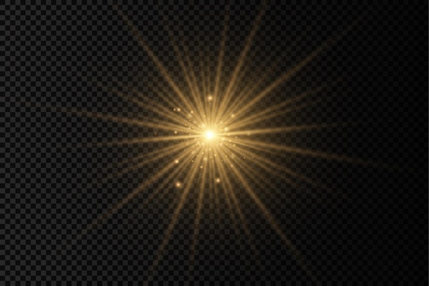 Golden bright star glowing gold light burst yellow sun rays flare of sunlight with glare bokeh