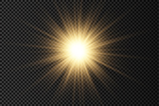 Vector golden bright star glowing gold light burst yellow sun rays flare of sunlight with glare bokeh