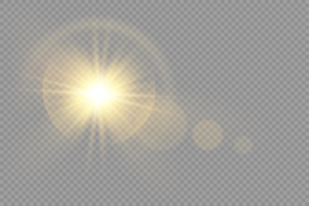 Golden bright star glowing gold light burst yellow sun rays flare of sunlight with glare bokeh