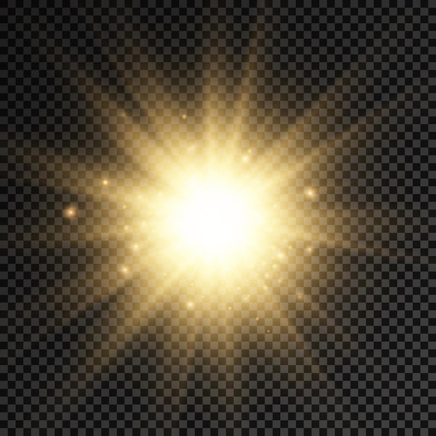 Vector golden bright star glowing gold light burst yellow sun rays flare of sunlight with glare bokeh