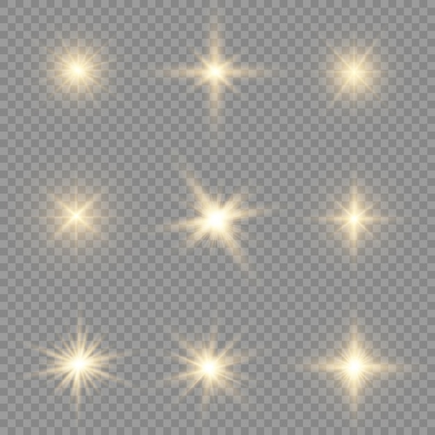 Golden bright star glowing gold light burst yellow sun rays flare of sunlight with glare bokeh