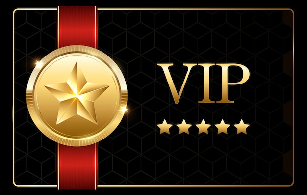 빨간색 리본이 있는 황금 동메달VIP 초대 디자인 템플릿리본 및 블랙 럭셔리 배경의 VIP 초대 텍스트