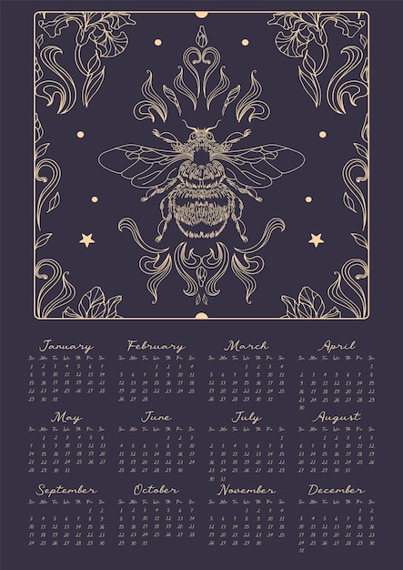 Golden bumblebee stars and leaves on a dark background vintage style magic calendar 2023 halloween witchcraft astrology mysticism 12 months of 2023