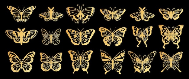 Vettore farfalle dorate farfalle d'oro luccicanti silhouette decorative di falena dolci bellissimi insetti alati primaverili estivi per inviti a nozze set isolato vettoriale