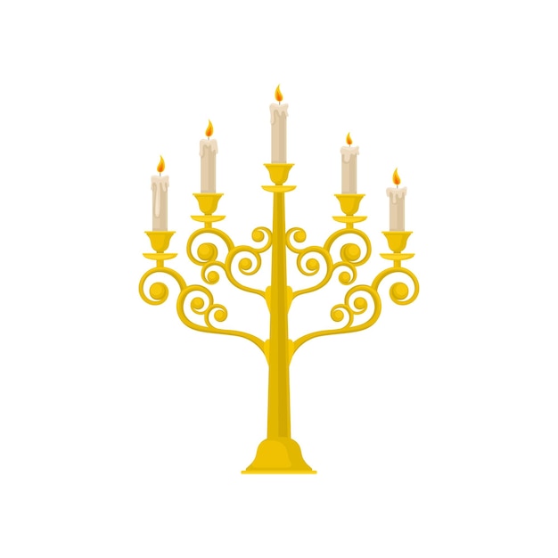 Golden candelabrum with burning candles vintage candlestick vector illustration isolated on a white background