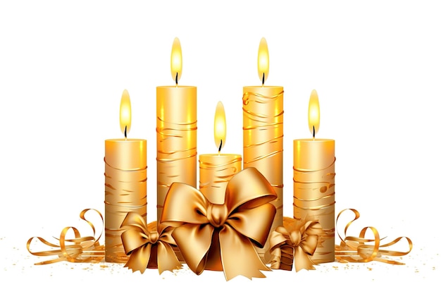 Vector golden candle with bow decoration and fir twig isolated in front of white background