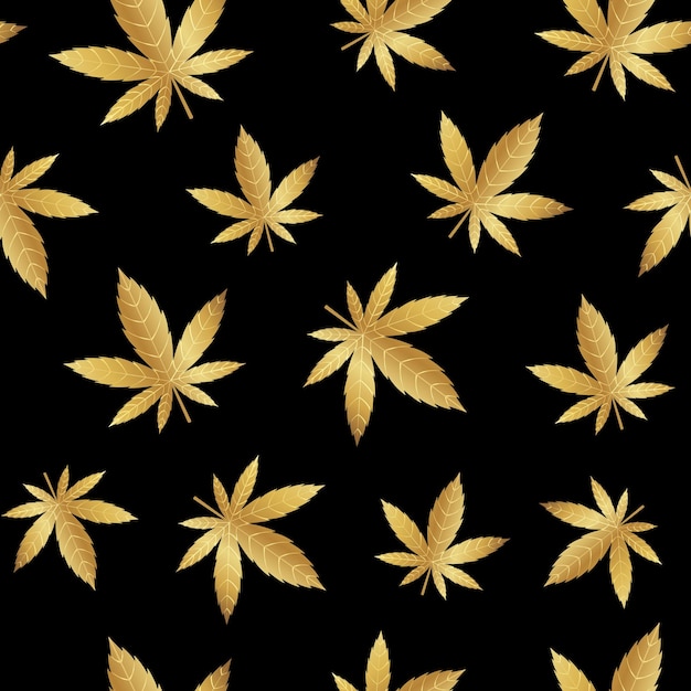 Golden cannabis leaves seamless pattern on black background