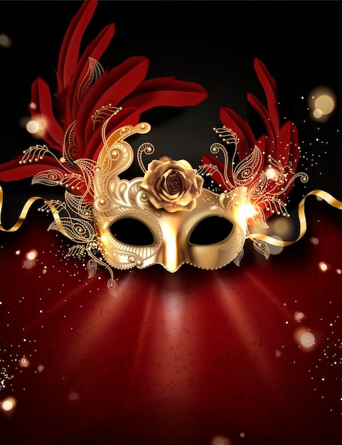 Vector golden carnival mask with feathers in 3d style