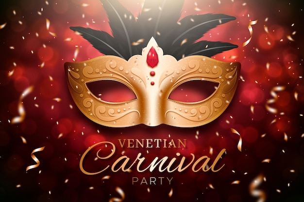 Golden carnival mask with ribbons banner web template