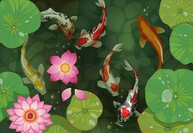 Golden carp background Oriental traditional pond with koi fish and lotus leaves Water lily flowers and swimming goldfish in lake Aquatic plants and animals Vector Japanese and Chinese illustration