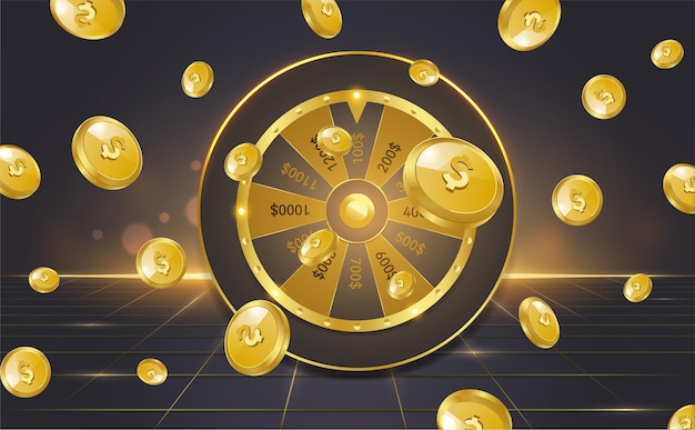 Golden casino roulette wheel on black background with coins