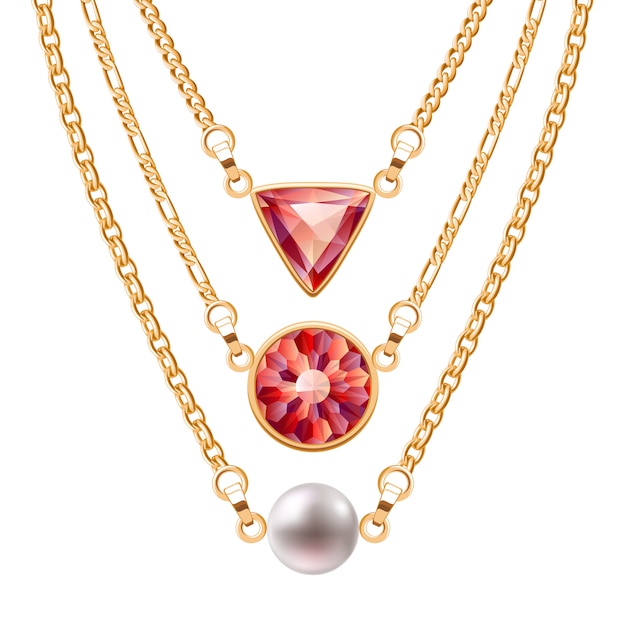 Golden chain necklaces set  with round and triangle ruby pendants and pearl. Jewelry  .